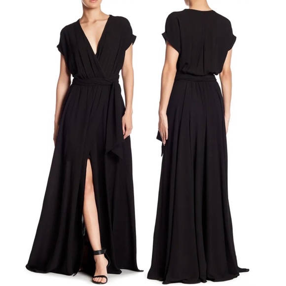 Meghan LA Dresses & Skirts - Meghan Los Angles Jasmine Black Belted Tie Waist V-Neck Maxi Dress Size L NWT